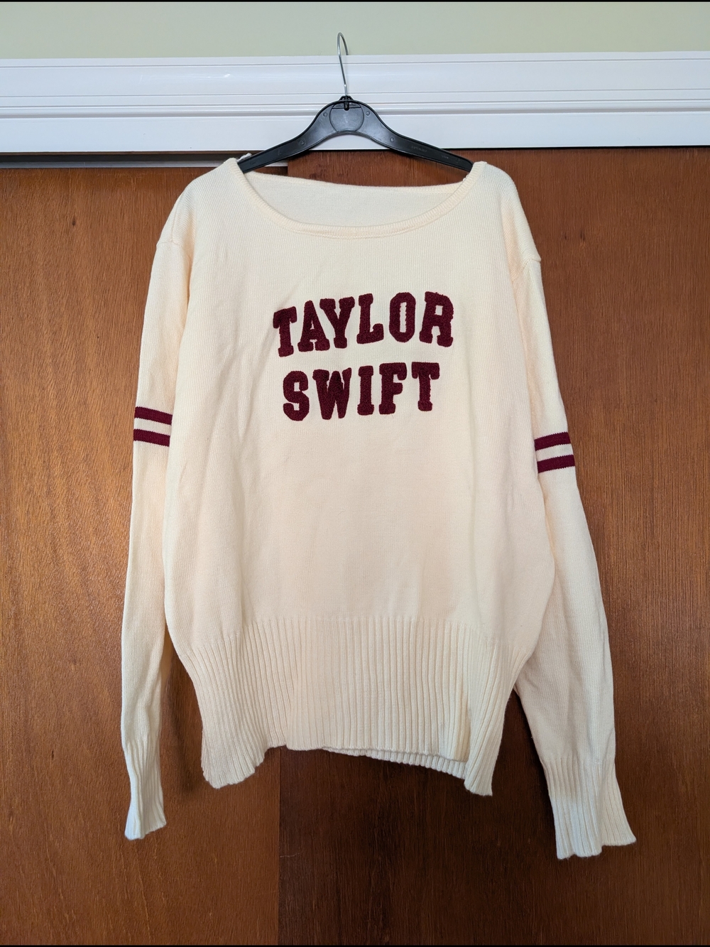 Taylor Swift Cream Crewneck Sweater with Burgundy Varisty Lettering Knit